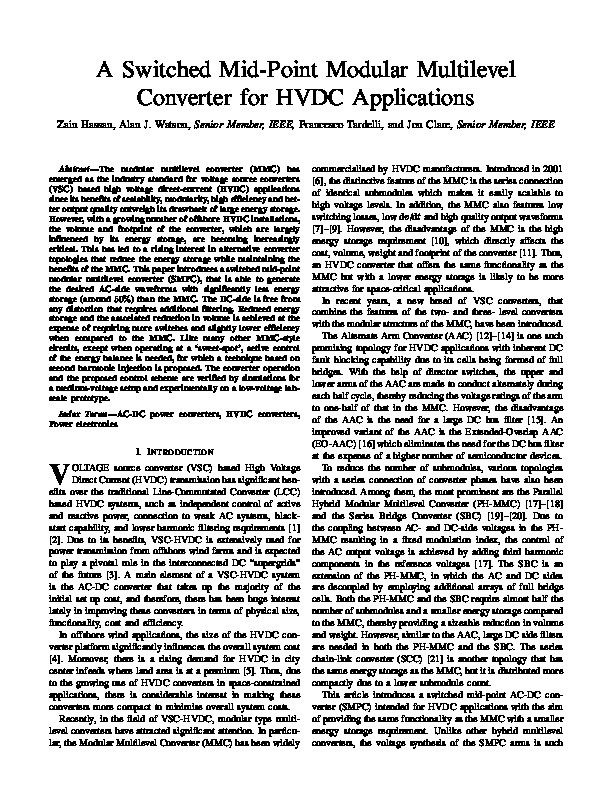 A Switched Mid-Point Modular Multilevel Converter for HVDC Applications Thumbnail