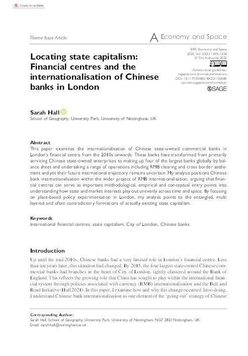 Locating state capitalism: Financial centres and the internationalisation of Chinese banks in London Thumbnail