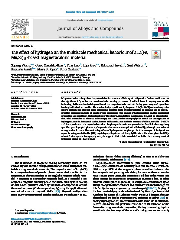 The effect of hydrogen on the multiscale mechanical behaviour of a La(Fe,Mn,Si)13-based magnetocaloric material Thumbnail