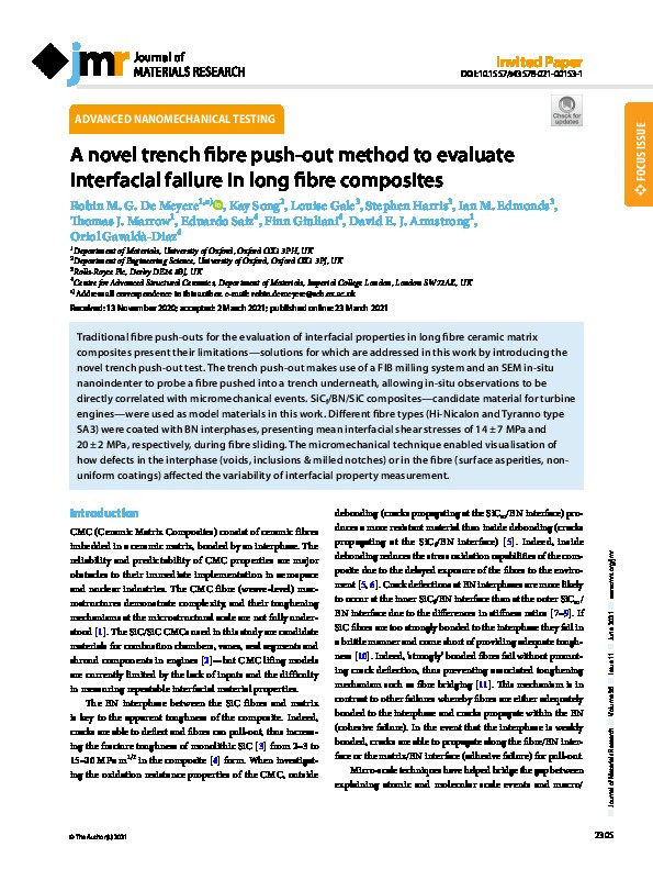 A novel trench fibre push-out method to evaluate interfacial failure in long fibre composites Thumbnail