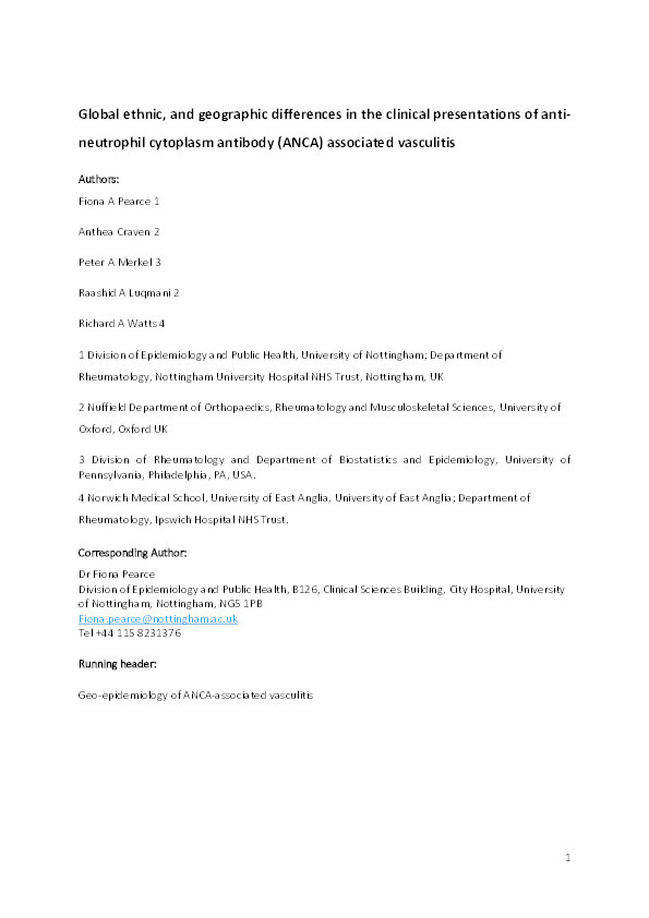 Global ethnic and geographic differences in the clinical presentations of anti-neutrophil cytoplasm antibody–associated vasculitis Thumbnail