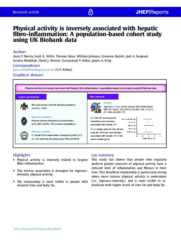 Physical activity is inversely associated with hepatic fibro-inflammation: A population-based cohort study using UK Biobank data Thumbnail