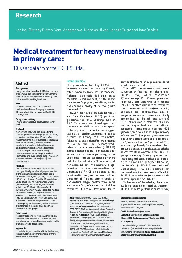 Medical treatment for heavy menstrual bleeding in primary care: 10-year data from the ECLIPSE trial Thumbnail