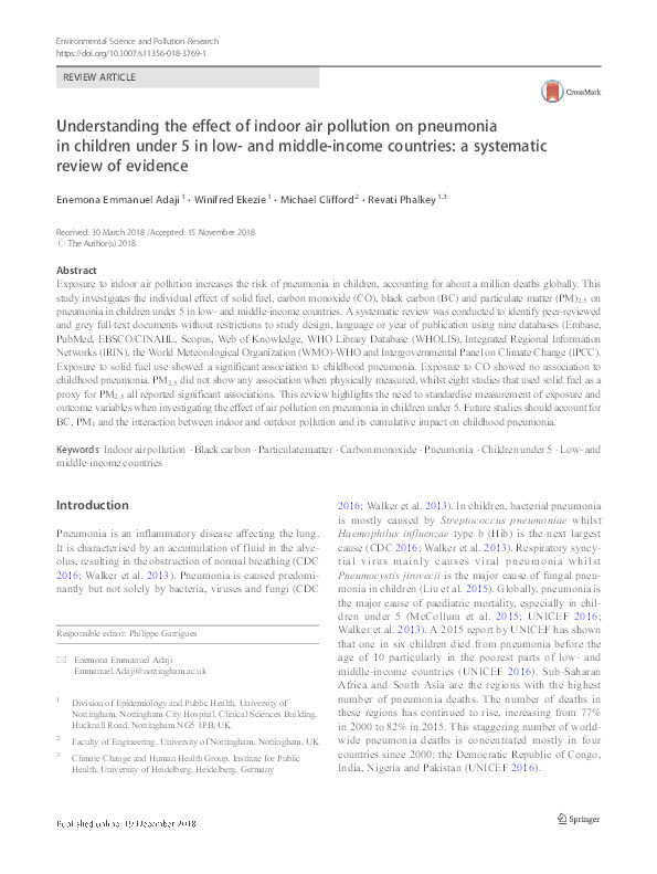 Understanding the effect of indoor air pollution on pneumonia in children under five in low and middle income countries: a systematic review of evidence Thumbnail