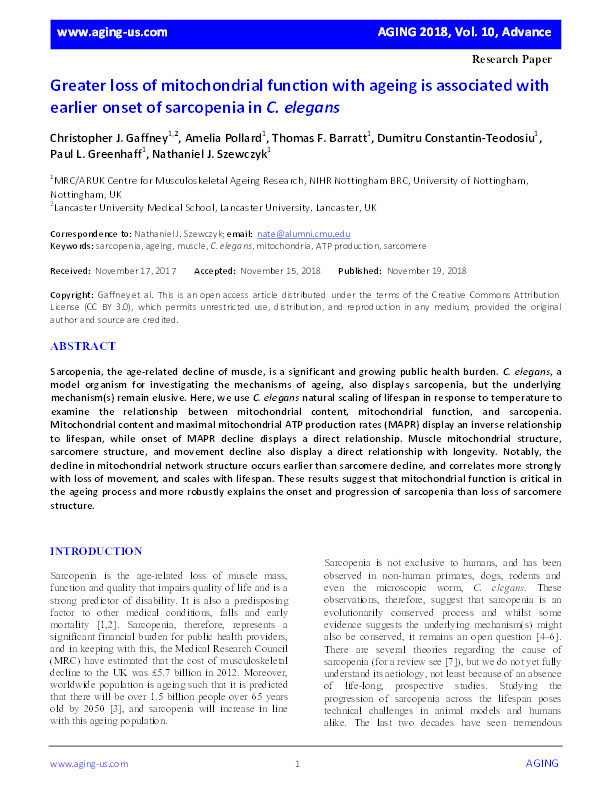 Greater loss of mitochondrial function with ageing is associated with earlier onset of sarcopenia in C. elegans Thumbnail