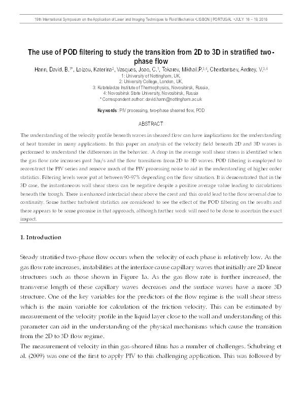 The use of POD filtering to study the transition from 2D to 3D in stratified two- phase flow Thumbnail