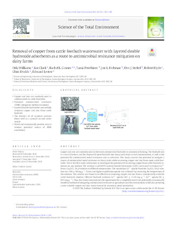 Removal of copper from cattle footbath wastewater with layered double hydroxide adsorbents as a route to antimicrobial resistance mitigation on dairy farms Thumbnail