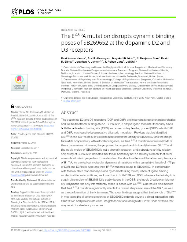 The E2.65A mutation disrupts dynamic binding poses of SB269652 at the dopamine D2 and D3 receptors Thumbnail