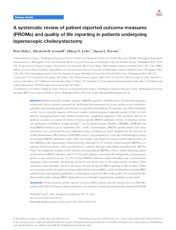 A systematic review of patient reported outcome measures (PROMs) and quality of life reporting in patients undergoing laparoscopic cholecystectomy Thumbnail