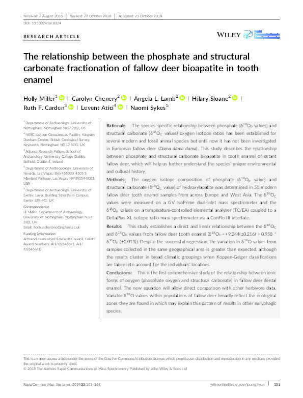 The relationship between the phosphate and structural carbonate fractionation of fallow deer bioapatite in tooth enamel Thumbnail