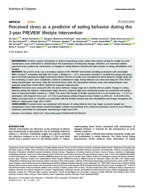 Perceived stress as a predictor of eating behavior during the 3-year PREVIEW lifestyle intervention Thumbnail