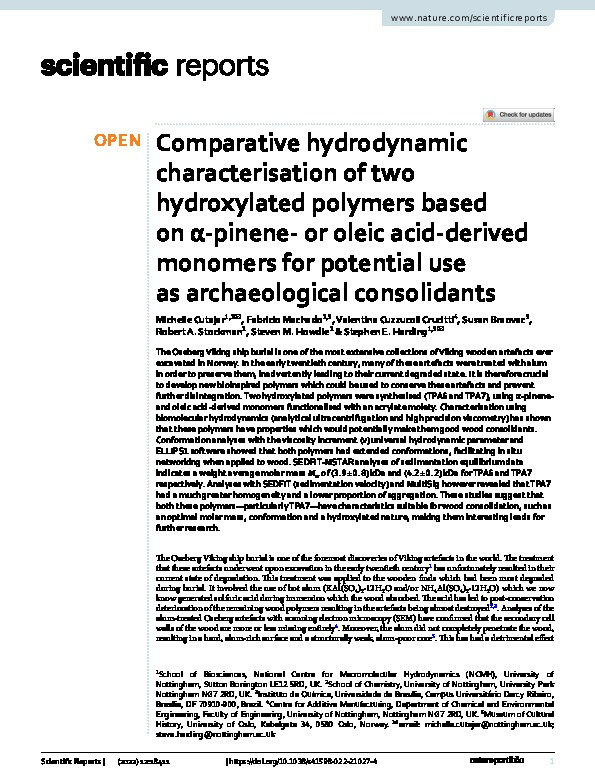Comparative hydrodynamic characterisation of two hydroxylated polymers based on α-pinene- or oleic acid-derived monomers for potential use as archaeological consolidants Thumbnail