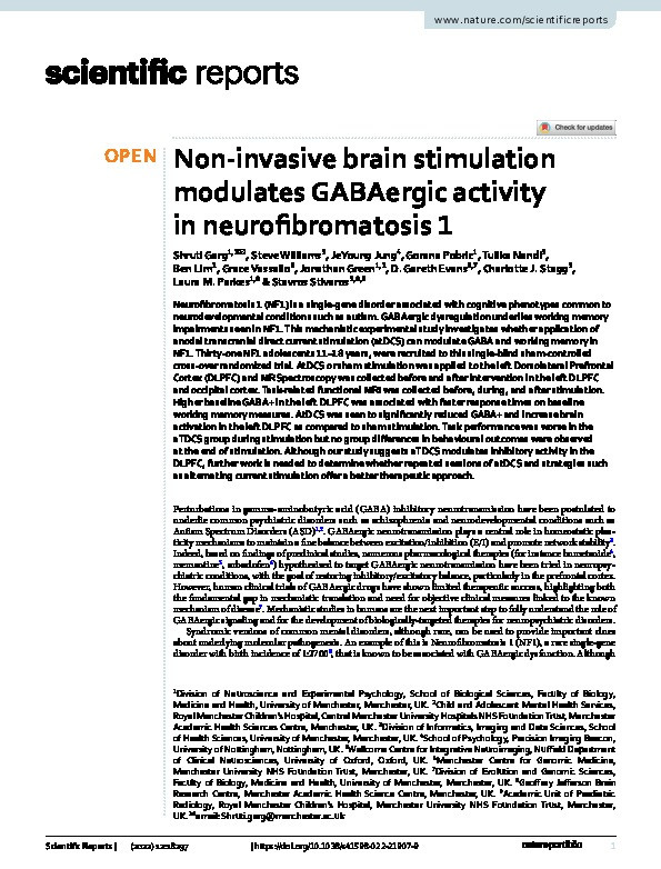 Non-invasive brain stimulation modulates GABAergic activity in neurofibromatosis 1 Thumbnail