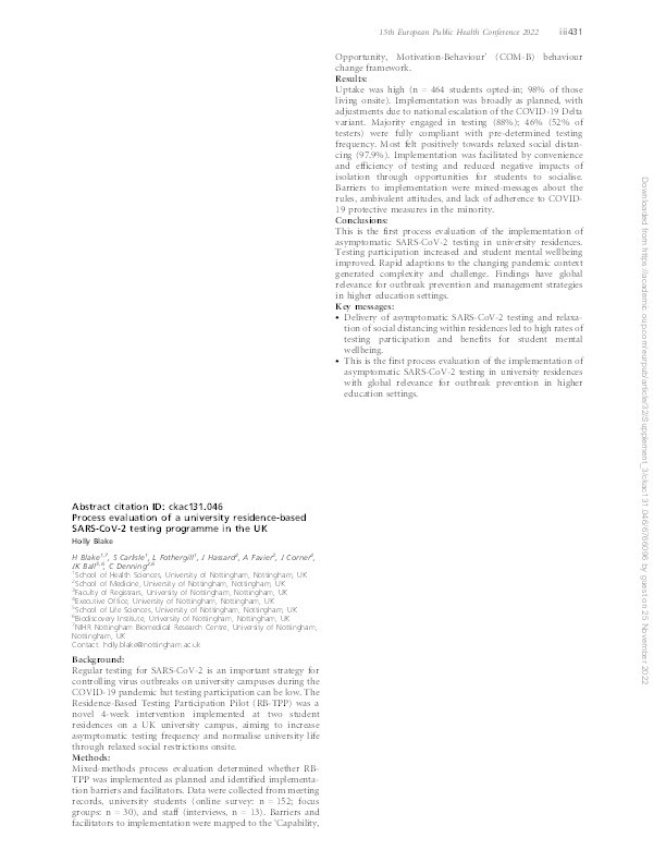 Process evaluation of a university residence-based SARS-CoV-2 testing programme in the UK Thumbnail