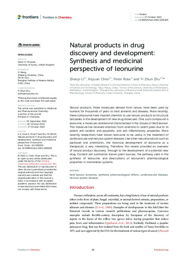 Natural products in drug discovery and development: Synthesis and medicinal perspective of leonurine Thumbnail