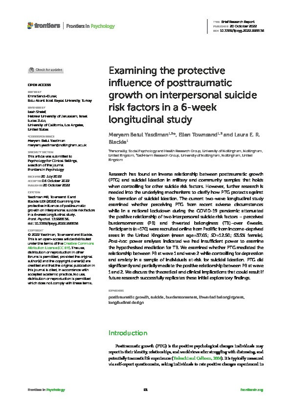 Examining the protective influence of posttraumatic growth on interpersonal suicide risk factors in a 6-week longitudinal study Thumbnail