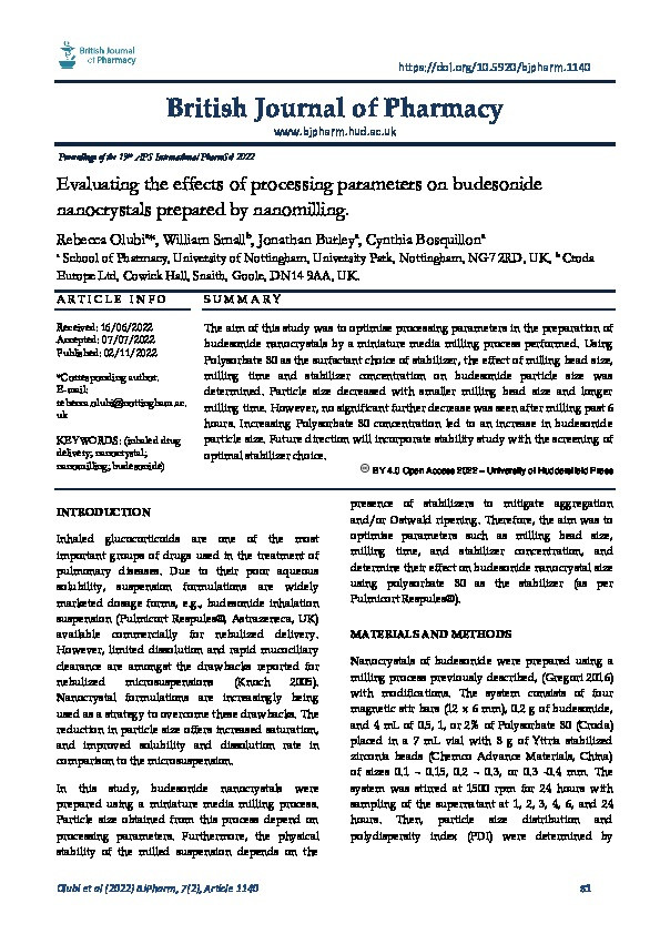 Evaluating the effects of processing parameters on budesonide nanocrystals prepared by nanomilling Thumbnail