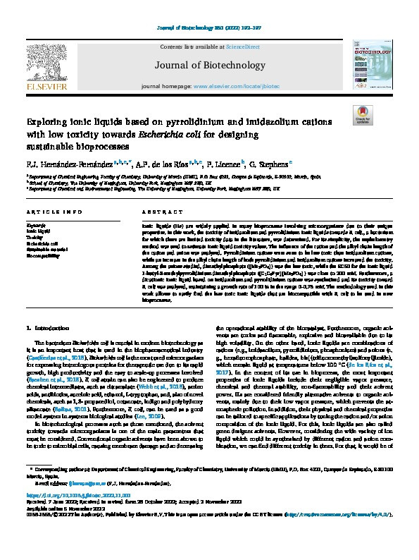 Exploring ionic liquids based on pyrrolidinium and imidazolium cations with low toxicity towards Escherichia coli for designing sustainable bioprocesses Thumbnail