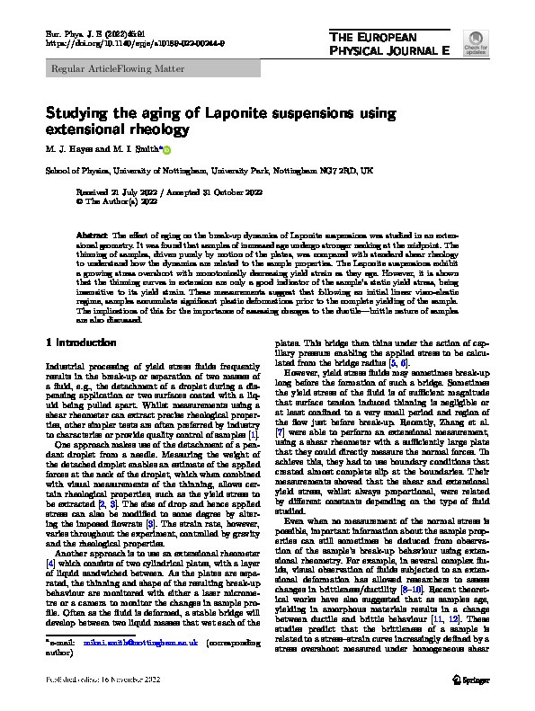Studying the aging of Laponite suspensions using extensional rheology Thumbnail