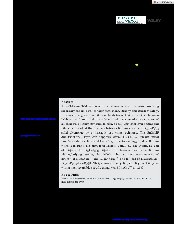 Dual-Functional ZnO/LiF Layer Protected Lithium Metal for Stable Li10GeP2S12-Based All-Solid-State Lithium Batteries Thumbnail