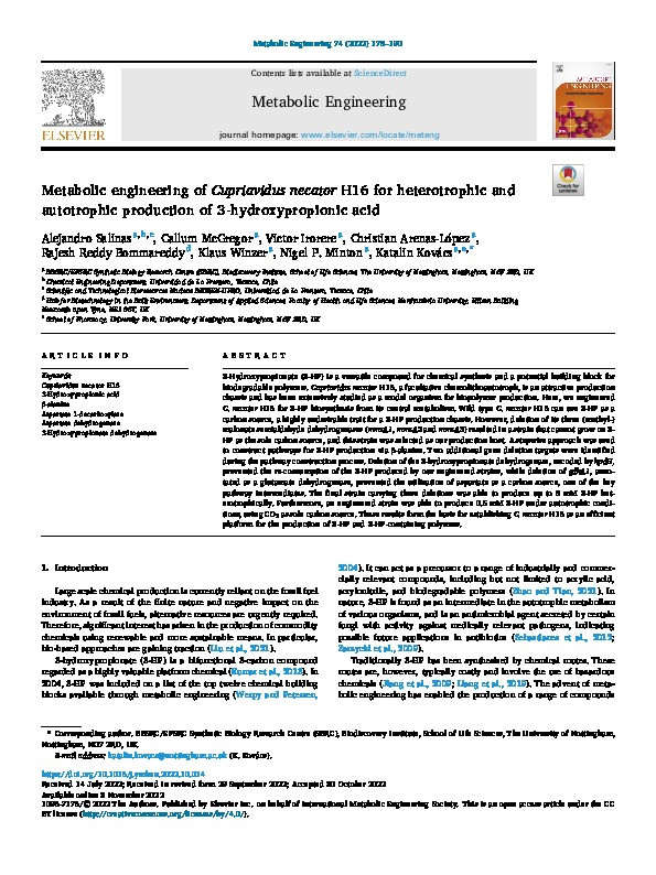 Metabolic engineering of Cupriavidus necator H16 for heterotrophic and autotrophic production of 3-hydroxypropionic acid Thumbnail