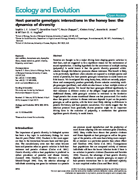 Host-parasite genotypic interactions in the honey bee: The dynamics of diversity Thumbnail