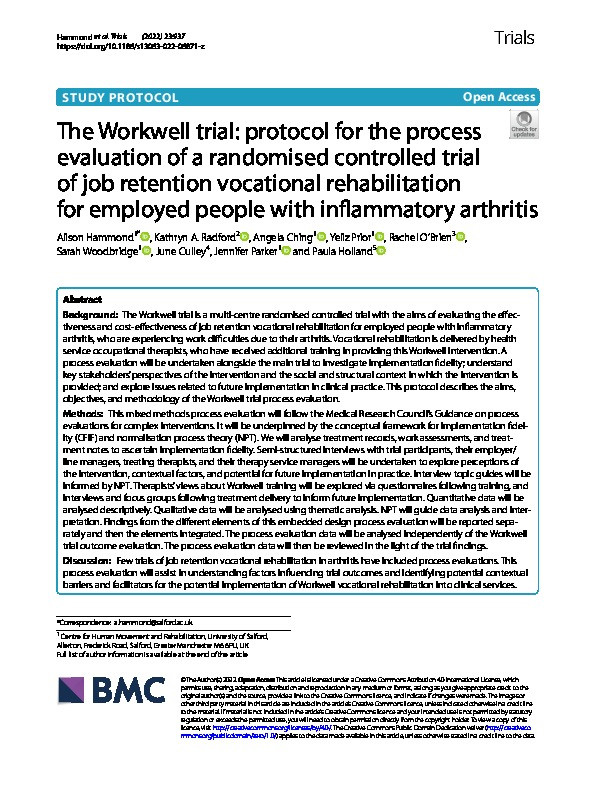 The Workwell trial: protocol for the process evaluation of a randomised controlled trial of job retention vocational rehabilitation for employed people with inflammatory arthritis Thumbnail