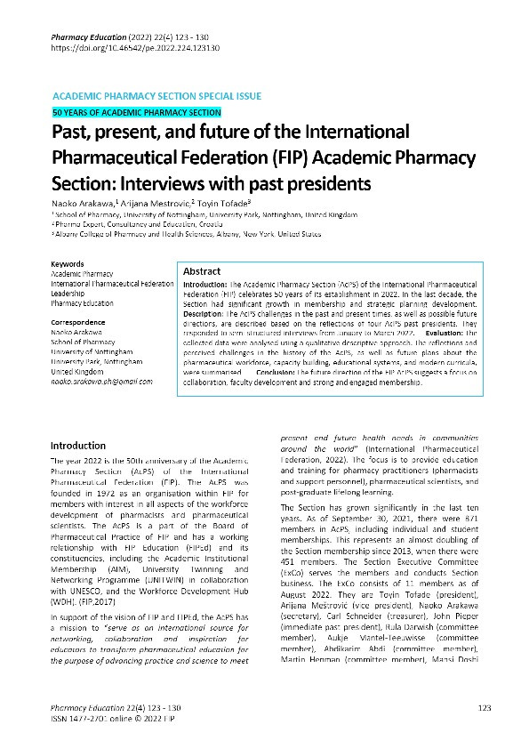 Past, present, and future of the International Pharmaceutical Federation (FIP) Academic Pharmacy Section: Interviews with past presidents Thumbnail
