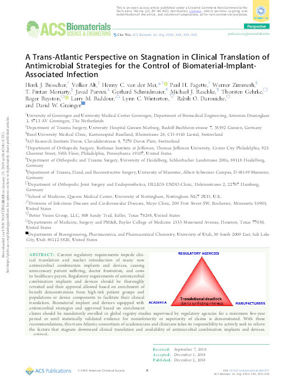 A trans-atlantic perspective on stagnation in clinical translation of antimicrobial strategies for the control of biomaterial-implant associated infection Thumbnail