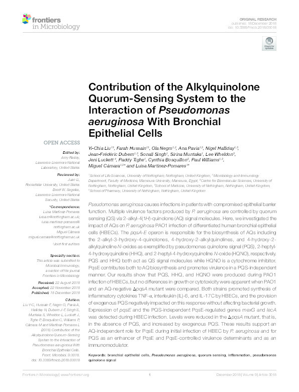 Contribution of the alkylquinolone quorum sensing system to the interaction of Pseudomonas aeruginosa with bronchial epithelial cells. Thumbnail