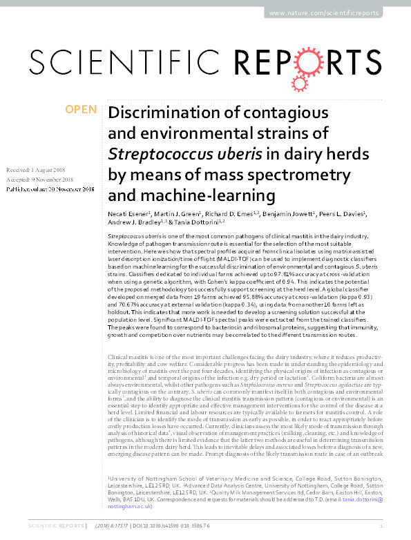Discrimination of contagious and environmental strains of Streptococcus uberis in dairy herds by means of mass spectrometry and machine-learning Thumbnail