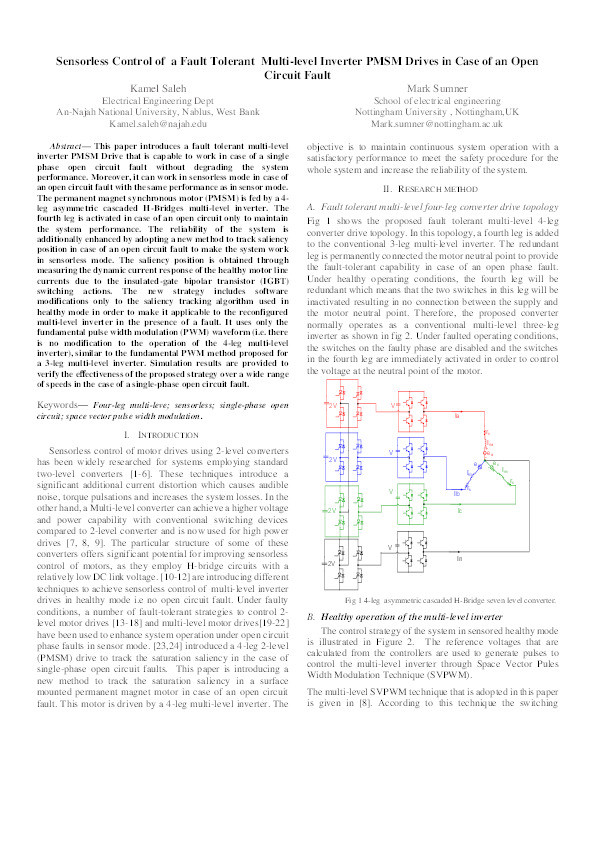 Sensorless Control of a Fault Tolerant Multi-level Inverter PMSM Drives in Case of an Open Circuit Fault Thumbnail