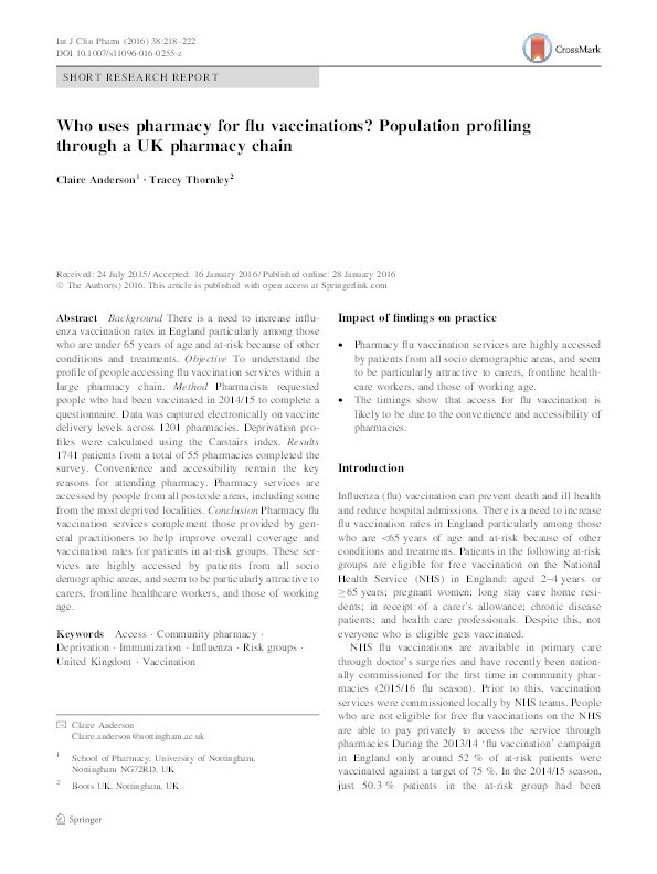 Who uses pharmacy for flu vaccinations? Population profiling through a UK pharmacy chain Thumbnail
