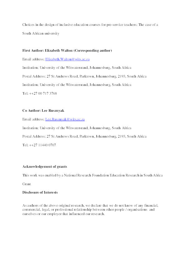 Choices in the Design of Inclusive Education Courses for Pre-service Teachers: The Case of a South African University Thumbnail