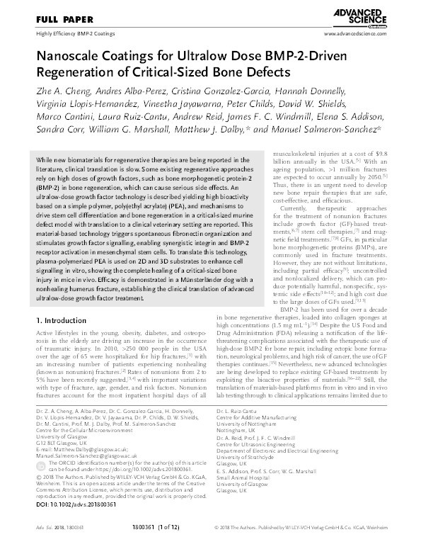 Nanoscale Coatings for Ultralow Dose BMP-2-Driven Regeneration of Critical-Sized Bone Defects Thumbnail