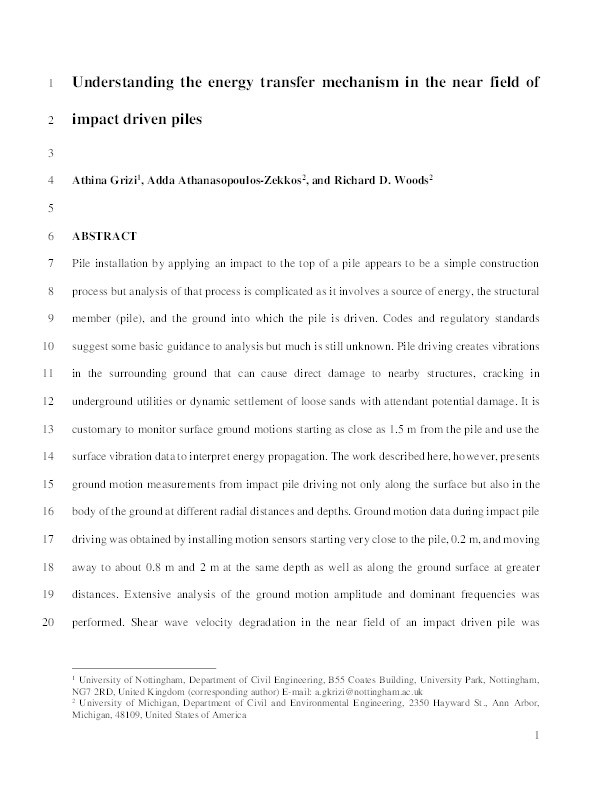 Understanding the energy transfer mechanism in the near field of impact driven piles Thumbnail