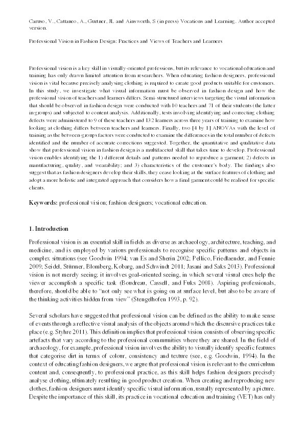 Professional vision in fashion design: practices and views of teachers and learners Thumbnail