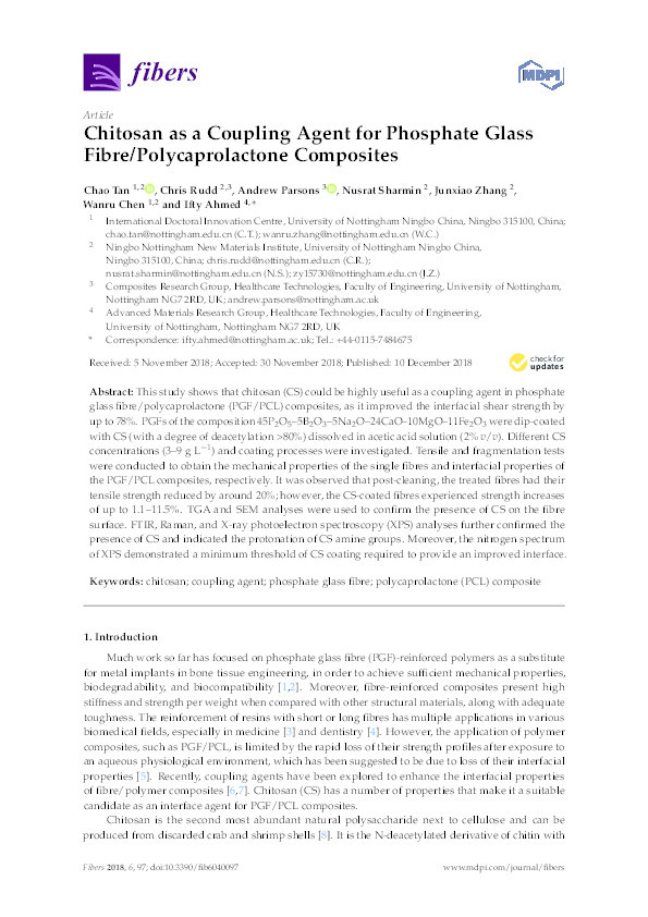Chitosan as a coupling agent for phosphate glass fibre/polycaprolactone composites Thumbnail