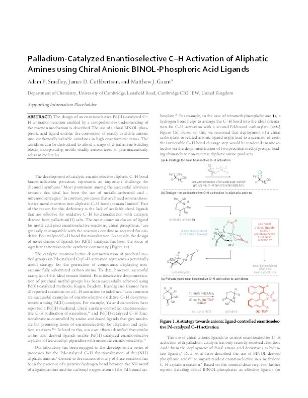 Palladium-catalyzed enantioselective C-H activation of aliphatic amines using chiral anionic BINOL-phosphoric acid ligands Thumbnail