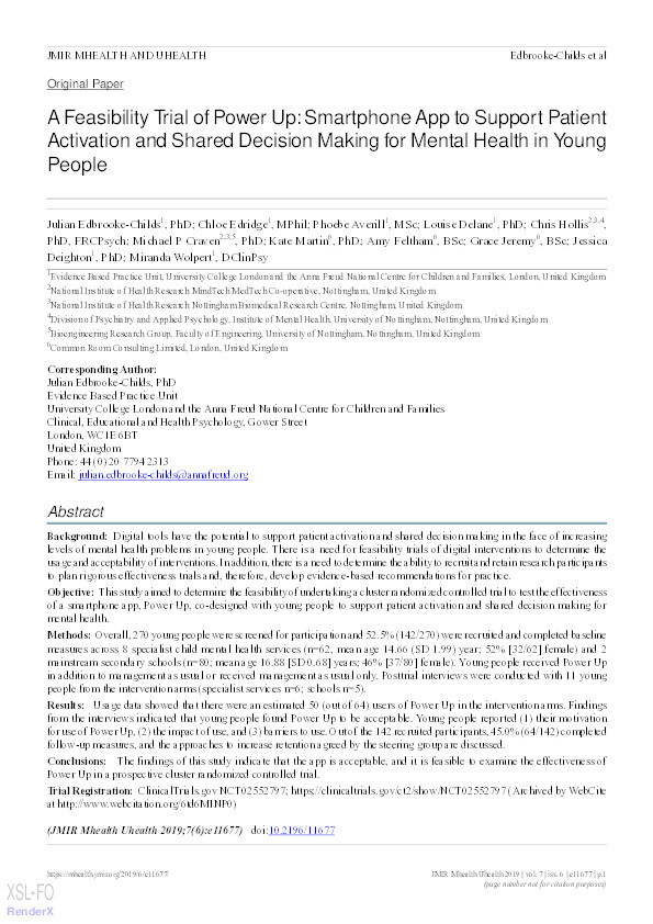 A Feasibility Trial of Power Up: Smartphone App to Support Patient Activation and Shared Decision Making for Mental Health in Young People Thumbnail