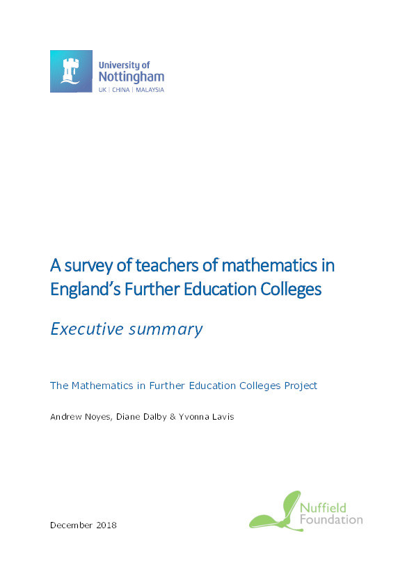 A survey of teachers of mathematics in England’s further education colleges: executive summary: the Mathematics in Further Education Colleges Project Thumbnail