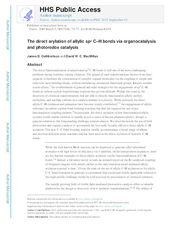 The direct arylation of allylic sp3 C–H bonds via organic and photoredox catalysis Thumbnail