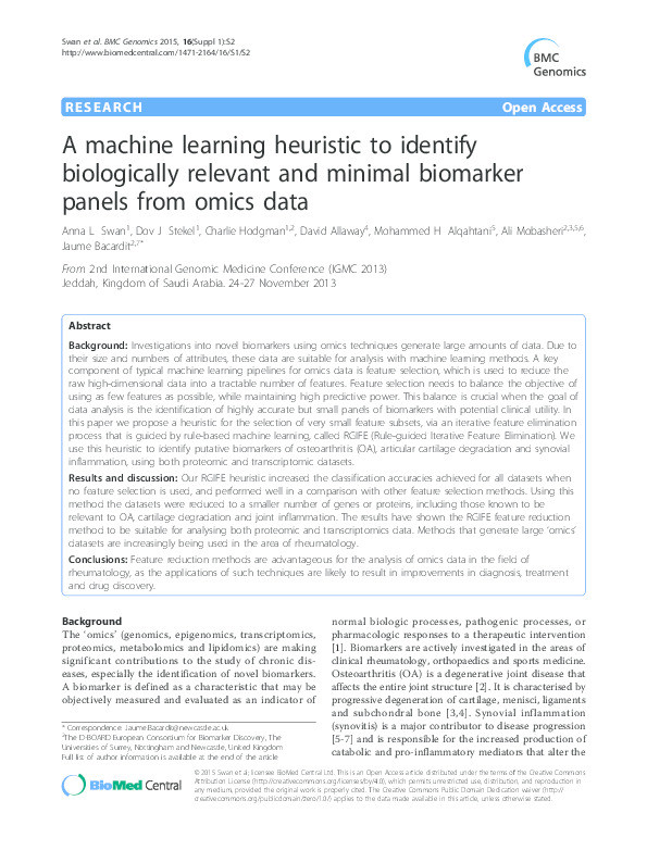 A machine learning heuristic to identify biologically relevant and minimal biomarker panels from omics data Thumbnail