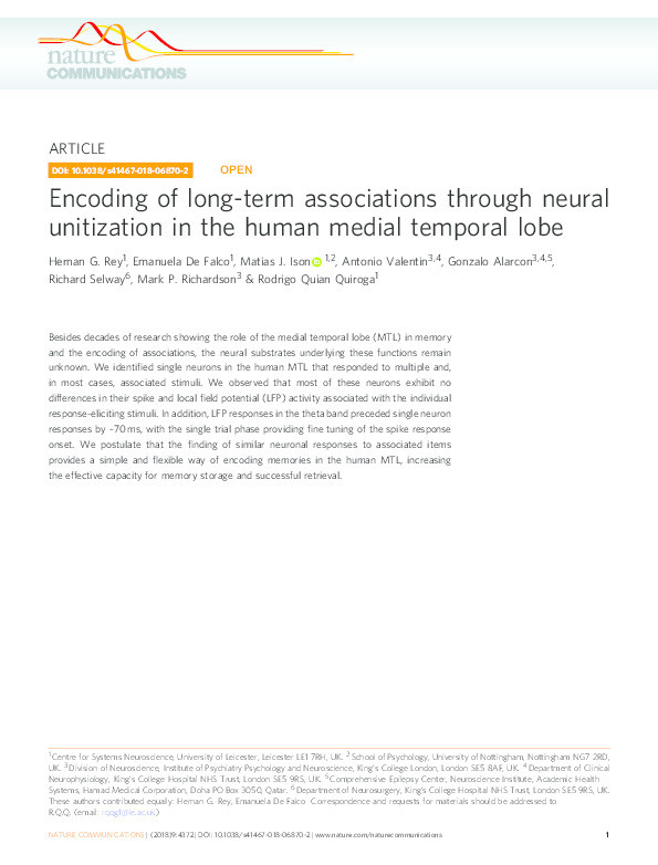 Encoding of long-term associations through neural unitization in the human medial temporal lobe Thumbnail