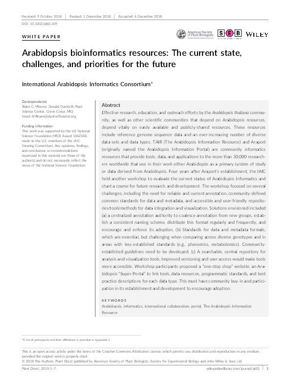 Arabidopsis bioinformatics resources: the current state, challenges, and priorities for the future Thumbnail