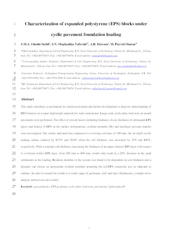 Behavior of expanded polystyrene (EPS) blocks under cyclic pavement foundation loading Thumbnail