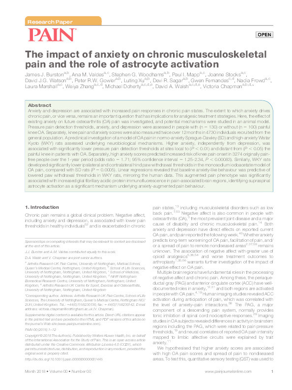 The impact of anxiety on chronic musculoskeletal pain and the role of astrocyte activation Thumbnail