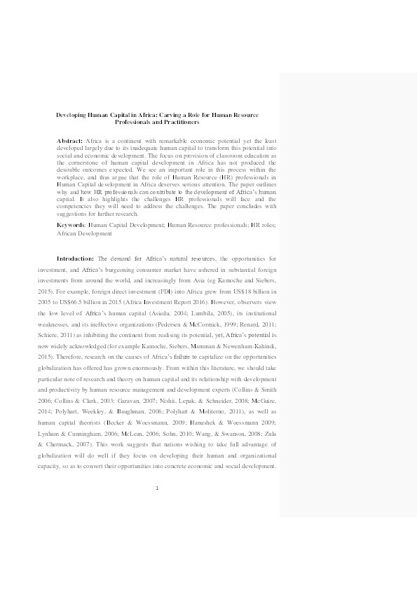 Developing human capital in Africa: carving a role for human resource professionals and practitioners Thumbnail