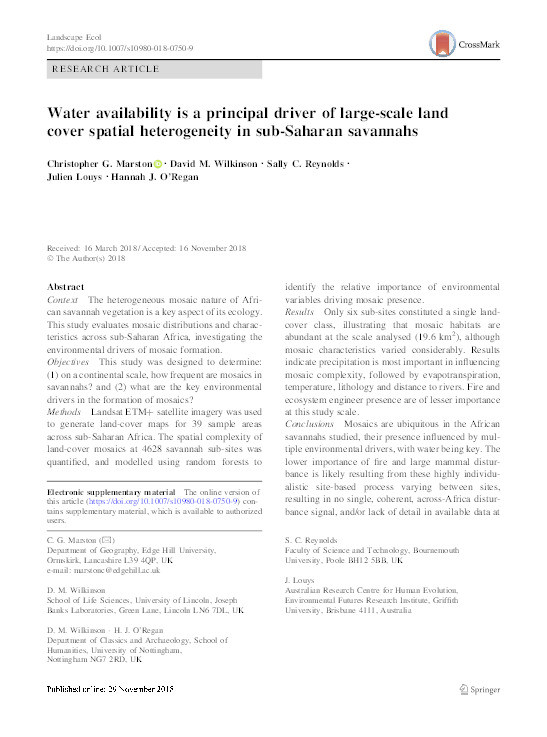 Water availability is a principal driver of large-scale land cover spatial heterogeneity in sub-Saharan savannahs Thumbnail