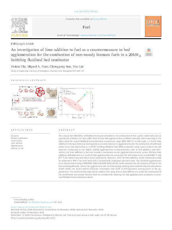 An investigation of lime addition to fuel as a countermeasure to bed agglomeration for the combustion of non-woody biomass fuels in a 20kWth bubbling fluidised bed combustor Thumbnail